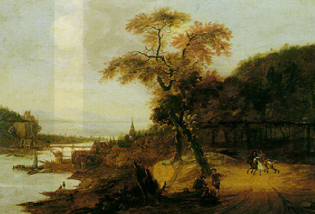 Landscape along a river with horsemen